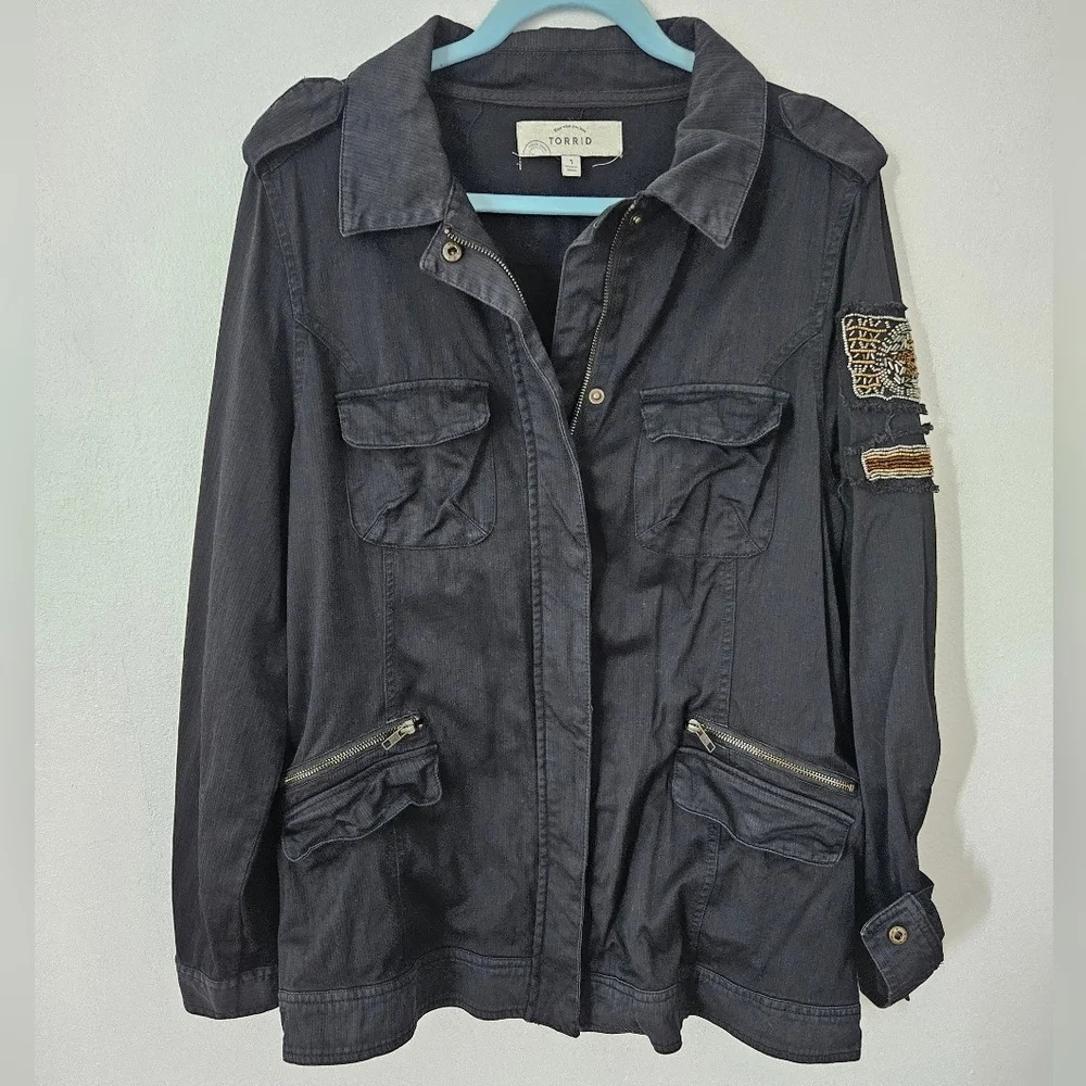 Torrid Black Cotton Utility Jacket Patch Detail W… - image 3